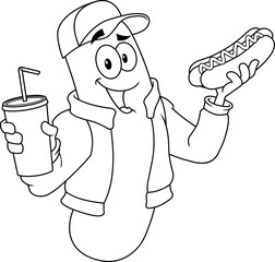 Outlined Happy Sausage Cartoon Character Holding A Soda And Hot Dog. Vector Hand Drawn Illustration Isolated On Transparent Background