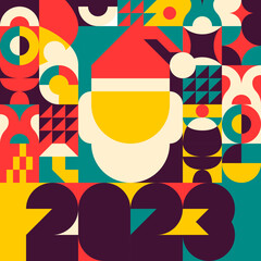Colorful Bauhaus design flat geometric abstract style in retro color. Christmas background Santa Claus head and hat in flat geometric style. 2023 year celebration letter