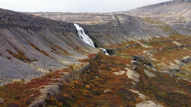Aerial flight over Dynjandi waterfall, Iceland nature