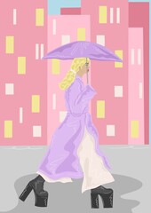 Girl walking with umbrella in city