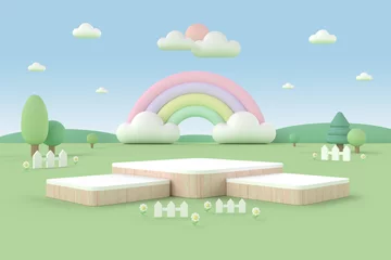 Poster Wooden square display podiums in the garden on sunny day for baby and kid in pastel tone colors. 3D rendering. © ABWitzPix089