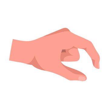 Human hand picks up small object with two fingers. Hand gestures cartoon vector illustration. Human palm with finger, showing numbers, direction, symbol and sign