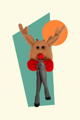 Collage photo banner of creative headless woman reindeer toy nice girlish legs creative greetings winter time isolated on white color background - obrazy, fototapety, plakaty