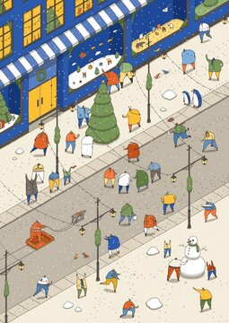 Isometric Illustration of People Having Fun at Christmas in the Snow