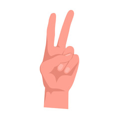 Peace gesture two fingers up. Hand gestures cartoon vector illustration. Human palm with finger, showing numbers, direction, symbol and sign. Gesturing concept