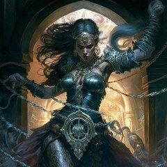 Detailed art of a lady warrior dressed in chains belt buckles