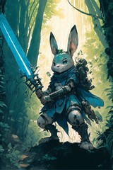 A robotic Rabbit holding a crackling blue electric sword in a dense tropical rainforest