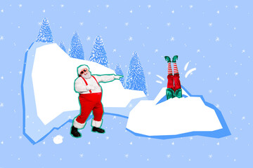 Creative collage picture of aged santa laughing point finger elf assistant dive stick snow isolated...