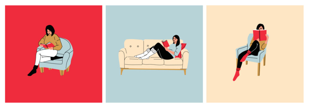 Young women reading book vector background. Relaxed girls comfortable sitting on the sofa and reading, isolated on white backdrop. Modern home interior illustration.