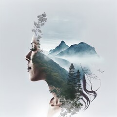 Double exposure image of woman and landscape. AI Generated Illustration.	