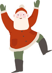 Xmas Santa Claus character happy dancing pose. Flat png cartoon hand drawn illustration, isolated on transparent background