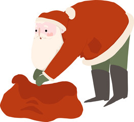 Xmas Santa Claus character putting gifts into christmas red bag. Flat png cartoon hand drawn illustration, isolated on transparent background