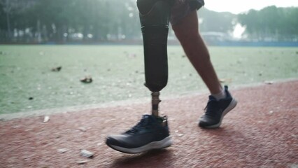 Amputee athlete running with prosthetic leg. Disabled runner with prosthesis. Determination and motivational concept - Powered by Adobe