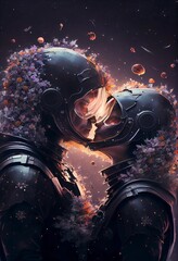 Fototapeta na wymiar Astronaut’s couples kisses in a dark black cosmos night