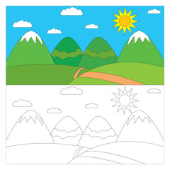 Kids coloring page in vector. Landscape with mountains coloring page for kids, cartoon style.