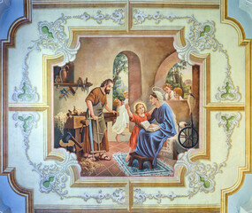 SEBECHLEBY, SLOVAKIA - OKTOBERT 8, 2022: The fresco Holy Family in St. Michael parish church by Jozef Antal (1963). - obrazy, fototapety, plakaty