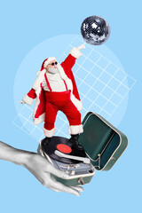 Christmas brochure collage of funny santa claus dancing retro new year gramophone floor holding...