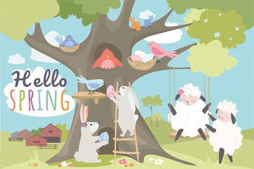 Hello spring concept background. Cute animals greeting springtime. Bunnies hold Easter eggs, birds sit near nest on tree branches, lambs ride on swing. Illustration in flat cartoon design