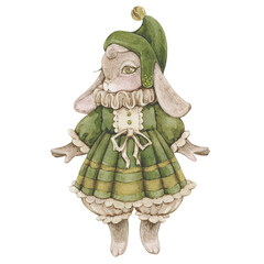 Watercolor vintage illustration with christmas toy bunny in a green dress. Isolated on white background.