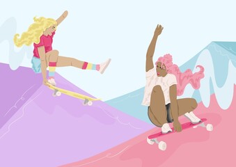 Two girls skateboarding in skate park