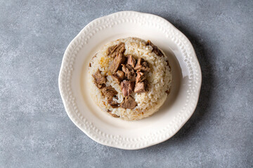 Traditional Turkish cuisine; Meat rice pilaf. Turkish name; etli pirinc pilavi