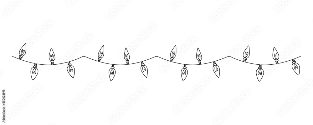 Poster one continuous line drawing of christmas garland with light bulbs. festive festoon xmas string and d