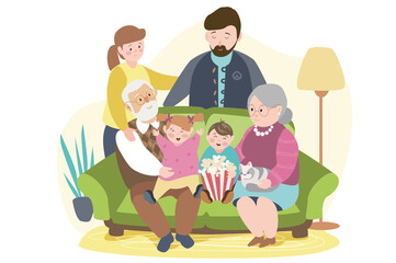 Big family portrait concept background. Grandfather and grandmother with grandson and granddaughter sitting on sofa, mother and father in living room. Illustration in flat cartoon design