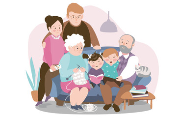 Big family portrait concept background. Grandfather and grandmother sitting on sofa, mother and father with son and daughter and cat pet in living room. Illustration in flat cartoon design