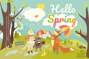 Hello spring concept background. Cute animals greeting springtime. Fox, owl and wolf with umbrellas stand and drink coffee in forest in rainy weather. Illustration in flat cartoon design