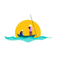 Symbol of Vietnam vector illustration. ASEAN country, fishermen in national straw hats on a wooden boat isolated on white background. Traveling, culture concept