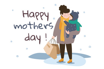 Happy Mothers day concept background. Cute mom holds baby, little child hugs and congratulates on holiday. Family walking in winter park. Greeting card. Illustration in flat cartoon design