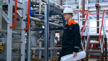 A young engineer in a white helmet at the workplace checks the technological scheme of the pipeline in the gas liquefaction workshop at the compressor station. Factory work.
