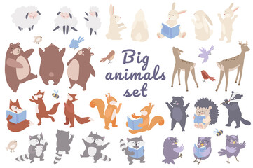 Big animals set concept isolated on background. Bundle of cute pets. Sheep, rabbits, bears, deer, foxes, squirrels, raccoons, owls, boar, hedgehog, badger. Illustration in flat cartoon design