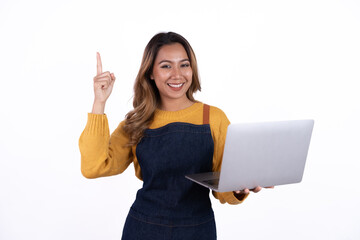 Asian woman entrepreneur or shop owner holding a  laptop computer with an excited face. isolate on a white background.