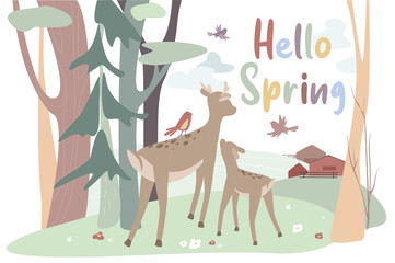 Hello spring concept background. Cute animals greeting springtime. Deer and fawn stand at forest edge and look at farm. Landscape with trees and flowers. Illustration in flat cartoon design