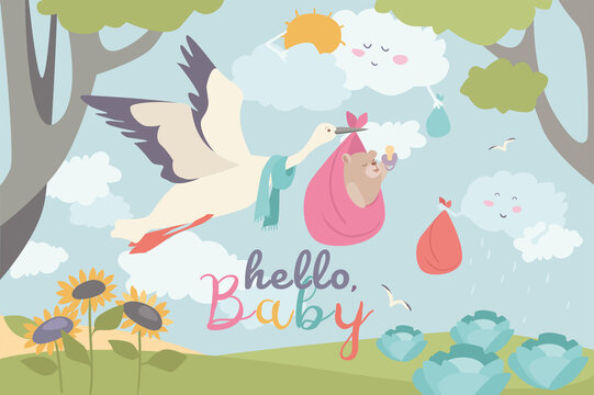 Hello baby concept background. Stork carries baby bear cub in pink blanket and flies in sky with smiling clouds. Newborn kid greeting, baby shower holiday. Illustration in flat cartoon design