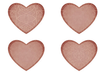Set of 4 heart shaped valentine's cards. 2 with pattern, 2 with copy space. Pale pink background and light beige pattern on it. Cloth texture. Hearts size about 8x7 inch / 21x18 cm (p02-1ab)