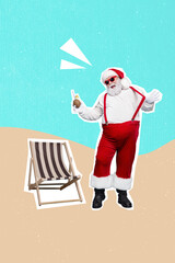 Christmas banner collage of jolly santa claus enjoy summer resort drink alcohol cocktail on drawing...
