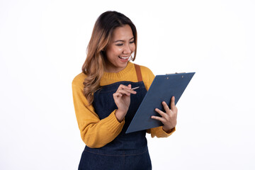 Asian woman entrepreneur or shop owner holding a clipboard with an excited face. isolate on a white background.