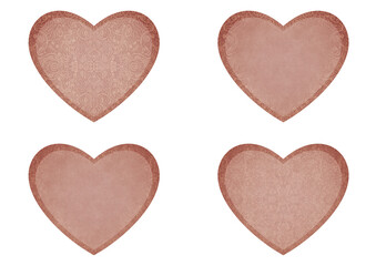 Set of 4 heart shaped valentine's cards. 2 with pattern, 2 with copy space. Pale pink background and light beige pattern on it. Cloth texture. Hearts size about 8x7 inch / 21x18 cm (p06ab)
