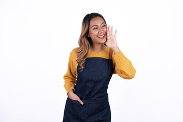 Obraz na płótnie Canvas Beautiful attractive asian female woman coffee shop owner wear apron casual dress smile with confident and cheerful welcome isolate white background.