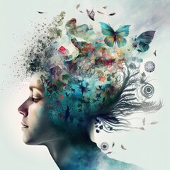 Surreal image of woman and flowers. Great for ads, book covers, posters and more. AI Generated Illustration.