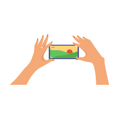 Hand holding smartphone and take pictures of the landscape. Cartoon vector illustration. People using online app. Mobile, Internet, technology concept