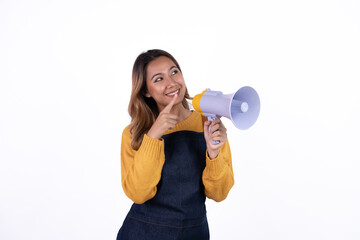 Beautiful attractive asian female woman coffee shop owner wear apron casual dress smile with confident and cheerful welcome isolate white background.