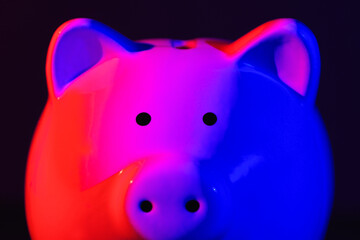 Close up Piggy bank on a dark background with red-blue backlight. Banking concept. Bright neon lights