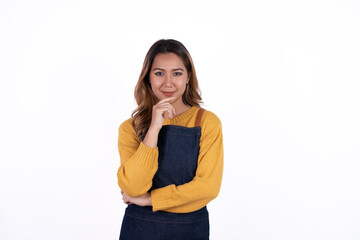 Fototapeta premium Beautiful attractive asian female woman coffee shop owner wear apron casual dress smile with confident and cheerful welcome isolate white background.