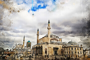 Konya old town's central square with the Mevlana Museum and Selimiye Mosque artistic watercolor draw