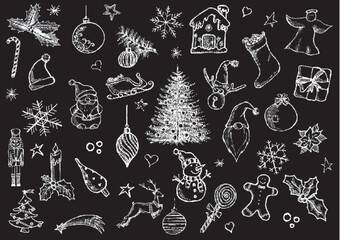 Set of Christmas icons freehand drawn