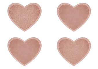 Set of 4 heart shaped valentine's cards. 2 with pattern, 2 with copy space. Pale pink background and light beige pattern on it. Cloth texture. Hearts size about 8x7 inch / 21x18 cm (p06ab)