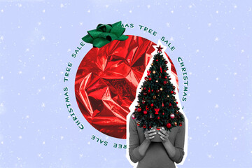 Creative collage image of black white gamma girl hands hold little christmas tree decoration sale advert isolated on painted background